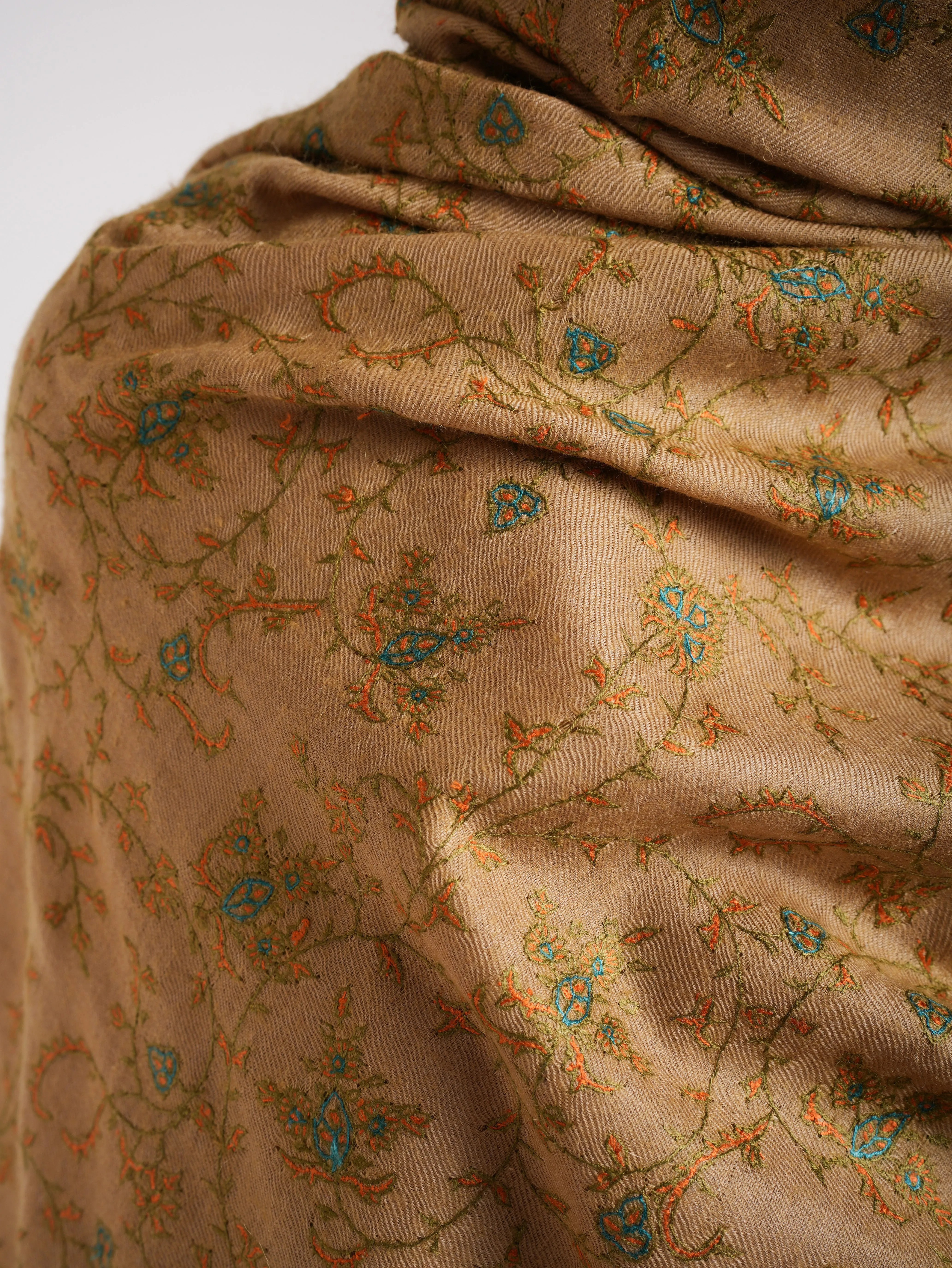 XL Golden Palm Authentic Indian Pashmina with Sozni Embroidery.