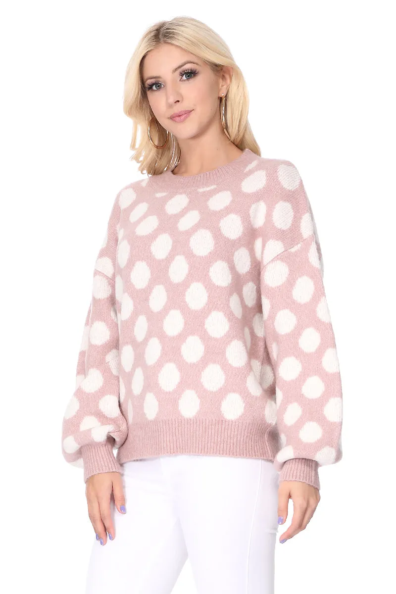 Yemak Women's Chunky Polka Dot Crewneck Long Sleeve Top Sweater Pullover MK8253