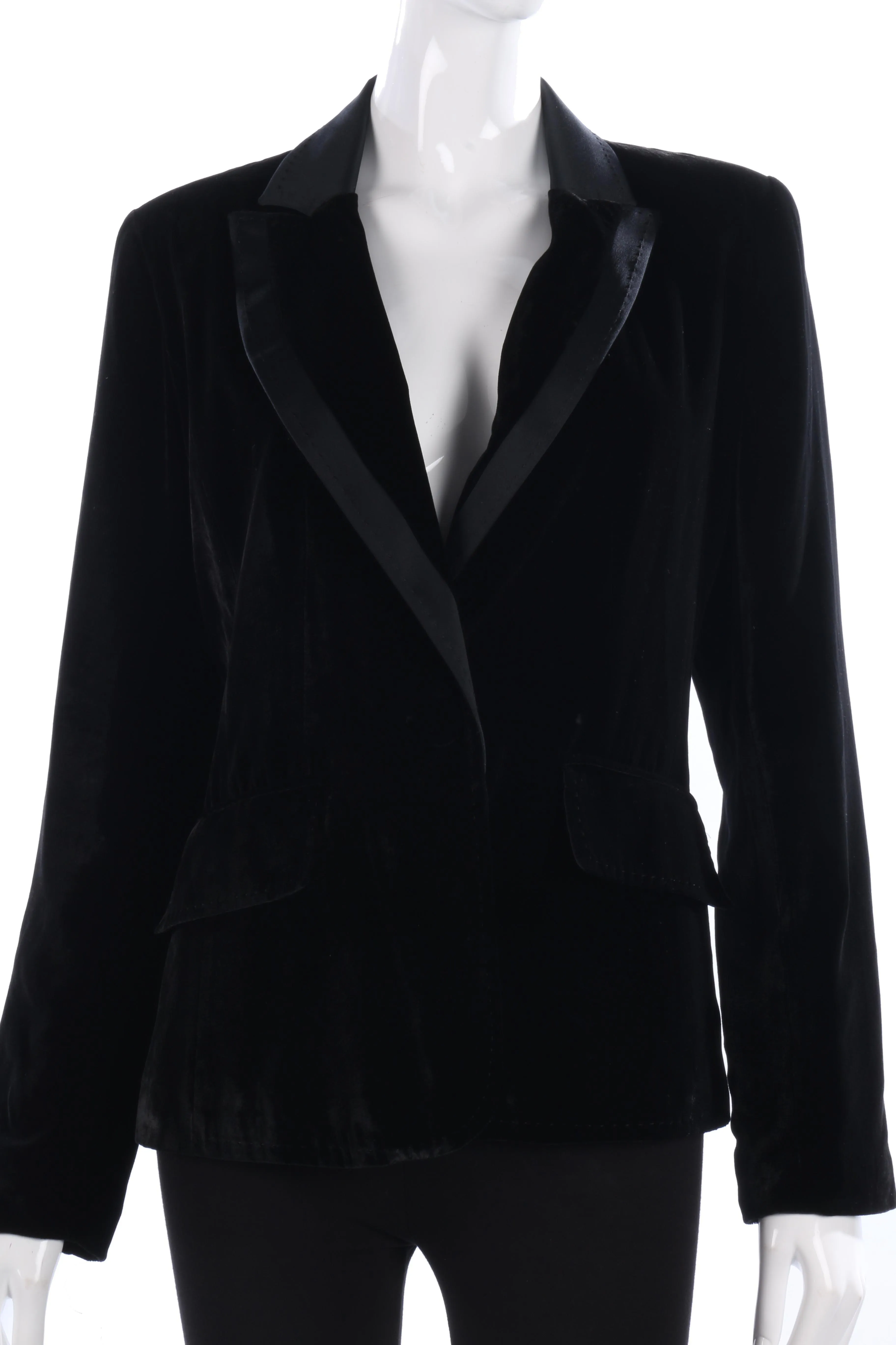 Yen Classic Black Velvet Jacket with Ribbon Egding Single Breasted Size 14