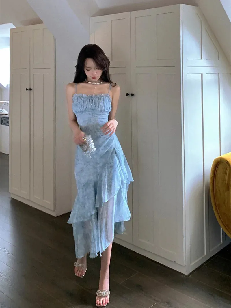 YESMYTOOL  -   Korean Fashion Blue Floral Chiffon Camisole Dress with Summer Irregular Holiday Style Slit Long Dress Female Clothing