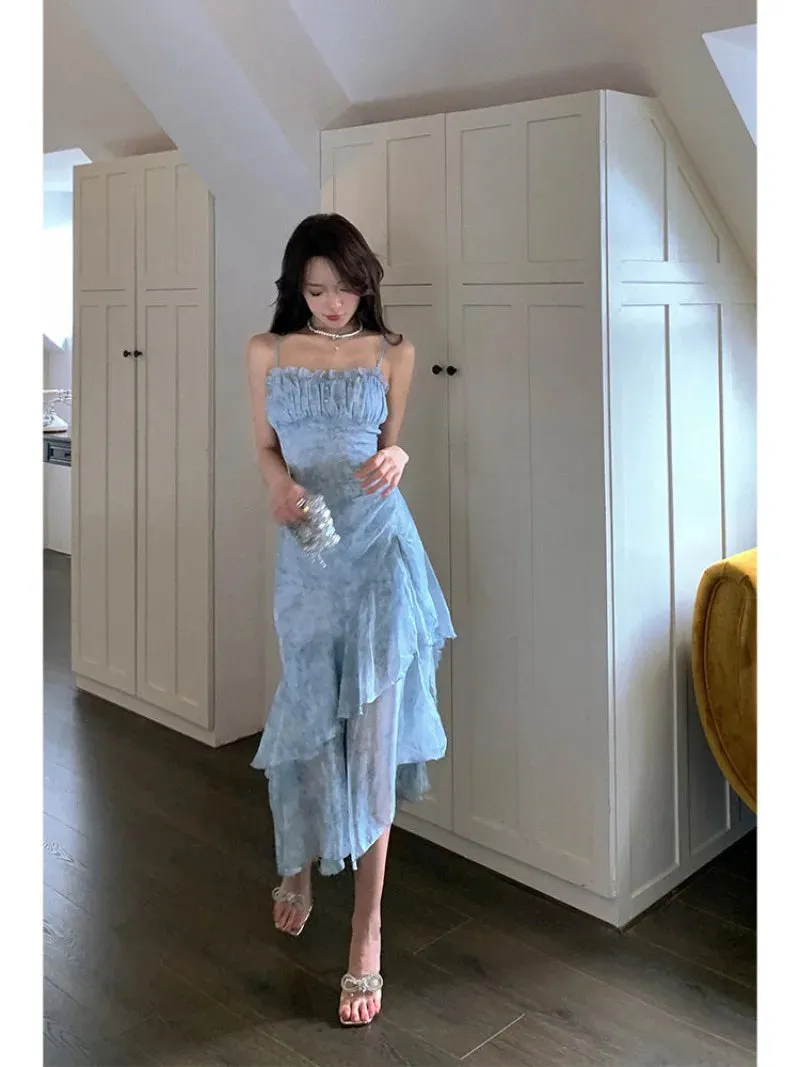 YESMYTOOL  -   Korean Fashion Blue Floral Chiffon Camisole Dress with Summer Irregular Holiday Style Slit Long Dress Female Clothing