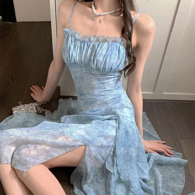 YESMYTOOL  -   Korean Fashion Blue Floral Chiffon Camisole Dress with Summer Irregular Holiday Style Slit Long Dress Female Clothing